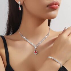 Ifshas The Seraphina Gold Plated 3 Pieces Bridal Jewellery Set - Red